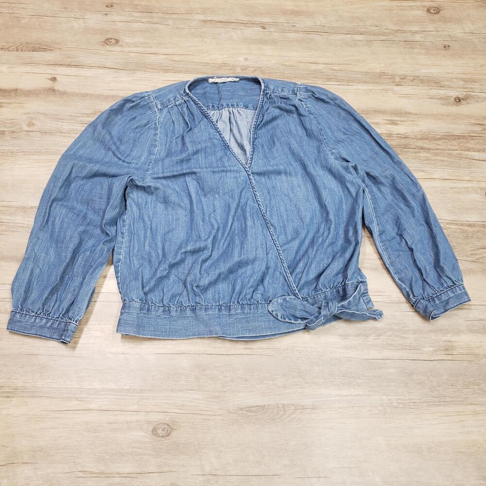 Madewell Blouse Womens Small Blue Chambray Wrap Tie Waist Long Sleeve Top